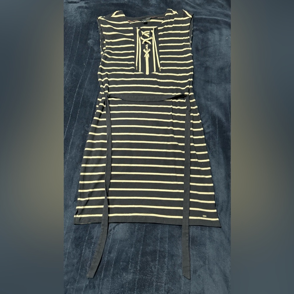 Tommy Hilfiger Navy Blue White Nautical Stripe V- Neck Dress Cotton M Sleeveless